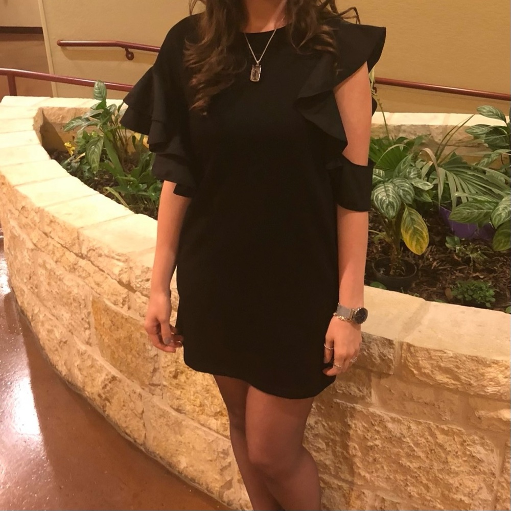 Black Mini Dress with Asymmetrical Sleeves